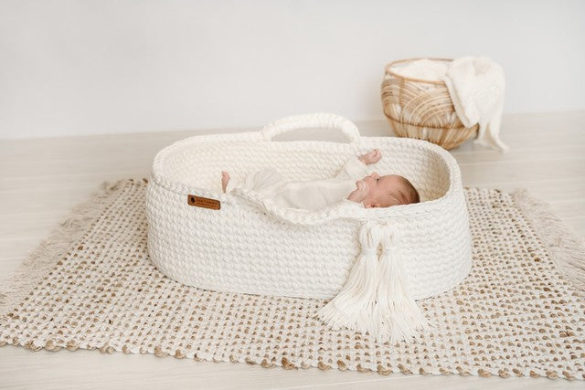 Finn + Emma Carry Cot Moses Baby Carrier Basket Handmade Organic Cotton Crochet Knit Bassinet