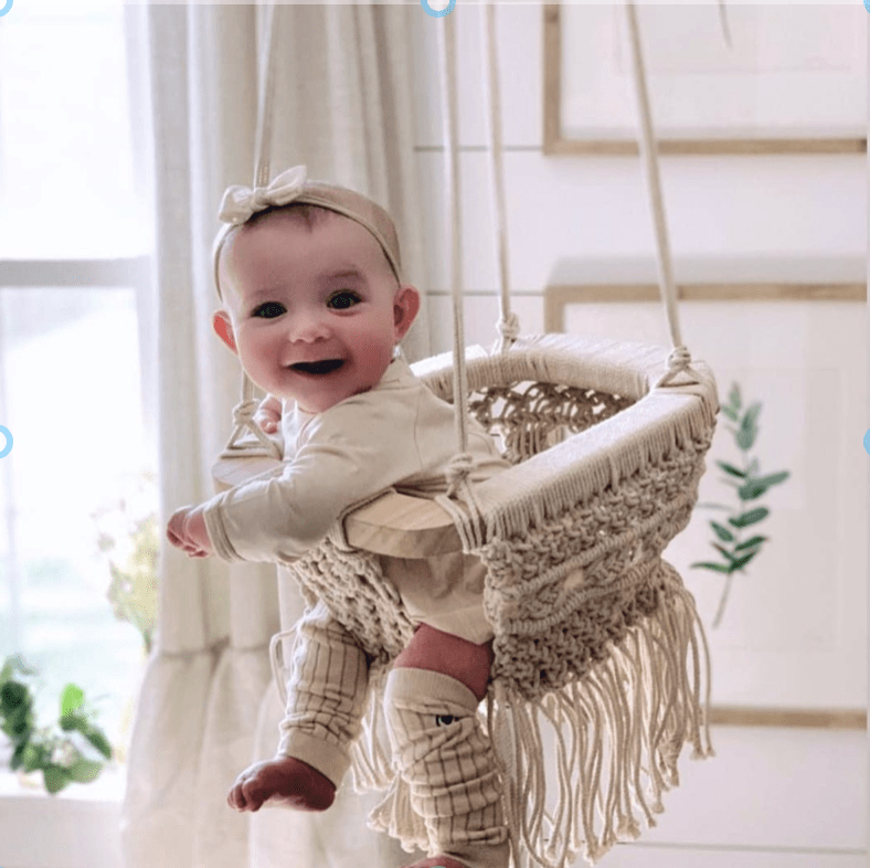 Finn + Emma Macrame Hanging Baby Swing Handmade Boho Home Room