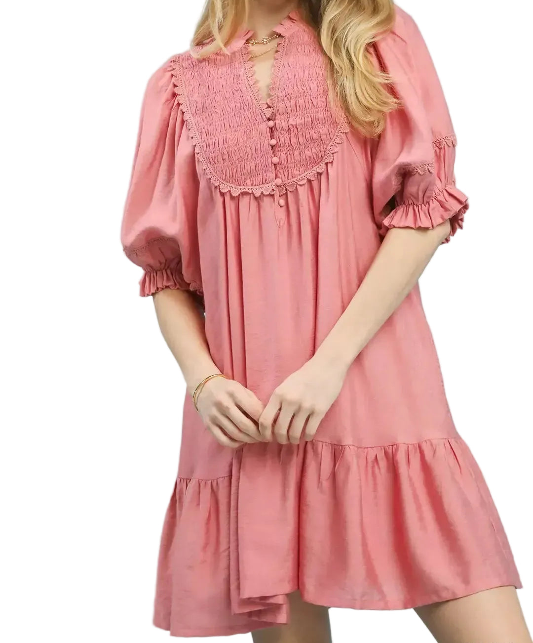 Umgee Button Smocked Bib Lace Trim Puff Sleeve Ruffle Hem Babydoll Mini Dress Blush Pink