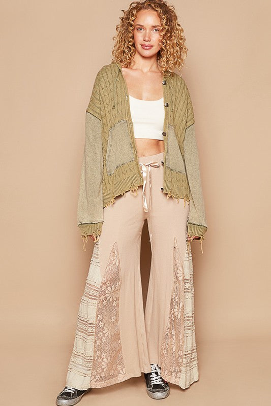 POL Hoodie Cardigan Distressed Torn Cable Knit Long Sleeve Collar Button-Up Jacket