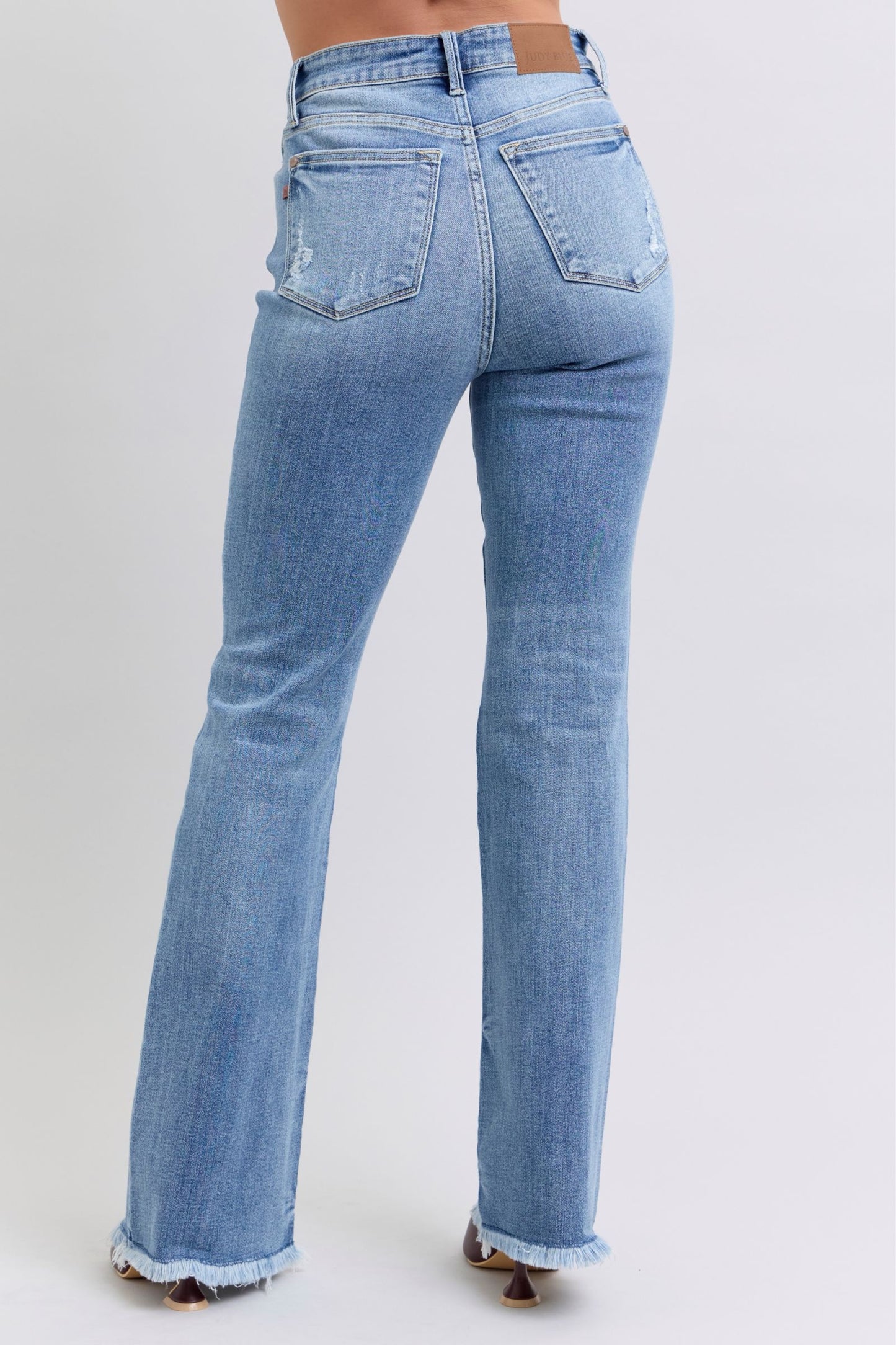 Judy Blue High-Rise Waist Bootcut Jeans Distressed Raw Hem Boyfriend Denim Pants