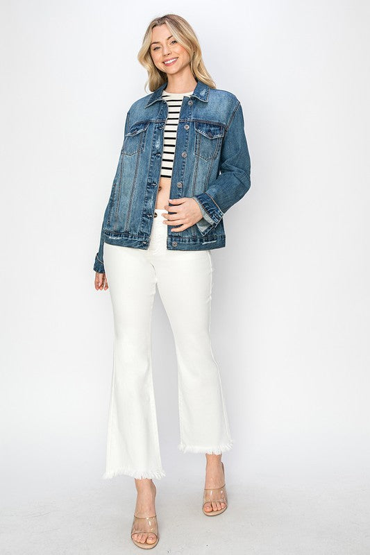 RISEN Distressed Cotton Denim Jacket Blue Jean Long Sleeve Button-up Collar Casual