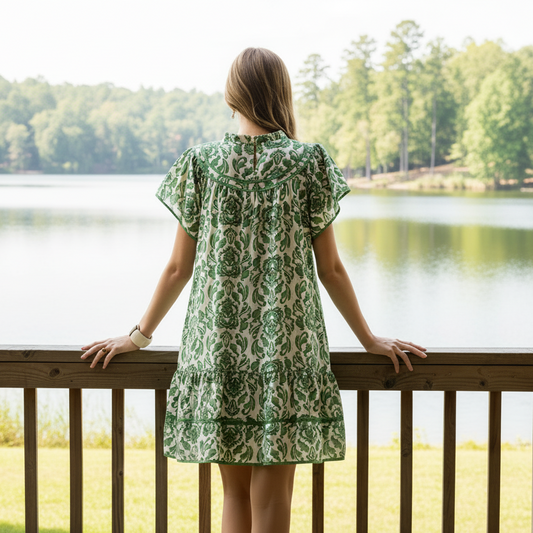 Umgee Tiered Babydoll Contrast Abstract Mini Dress Ruffle Mock Neck Short Flutter Sleeves Green