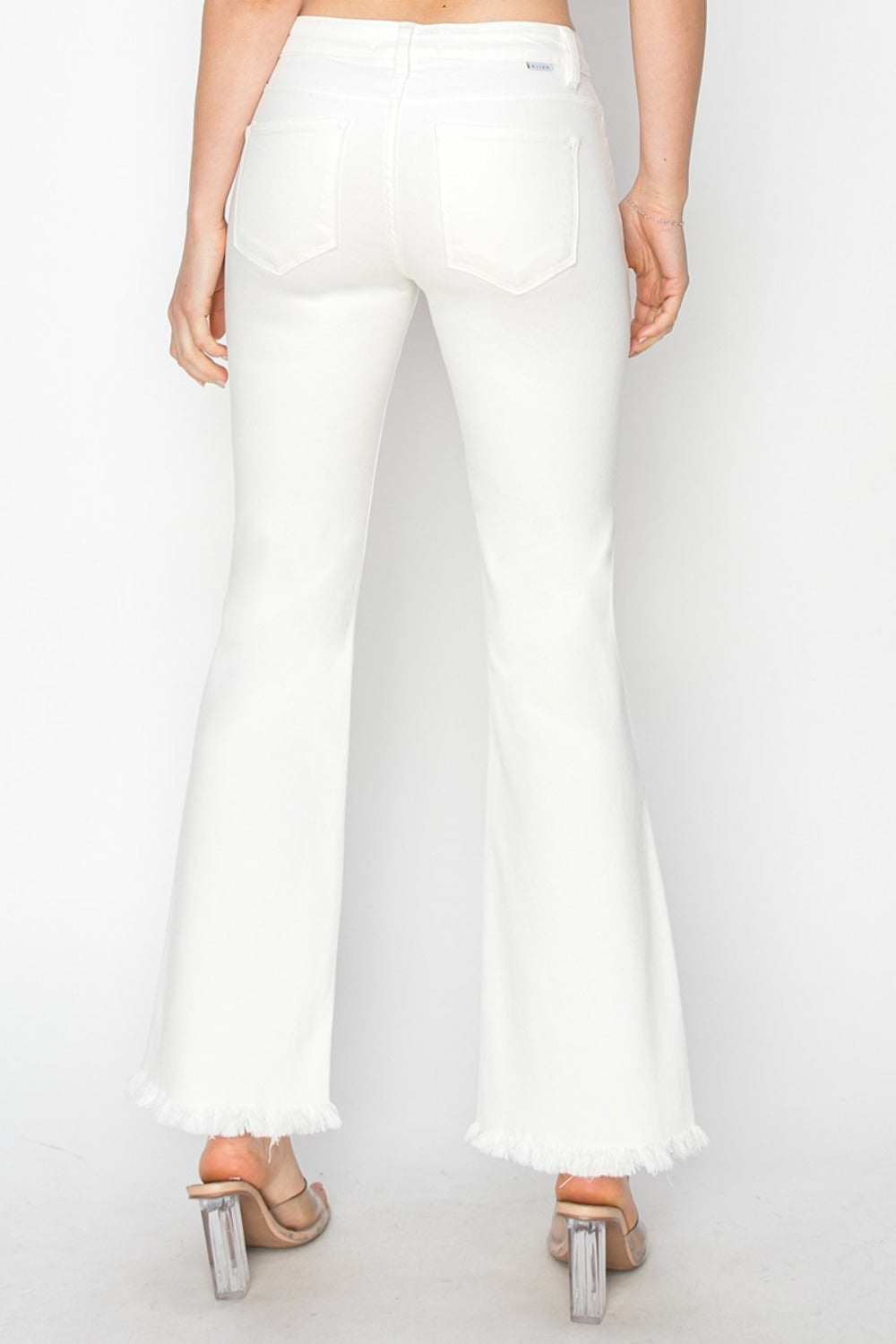 RISEN High-Rise Waist Skinny Fit Denim Pants Cropped Flare Step Hem White Jeans