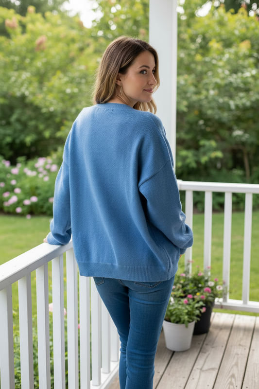 Granny Embroidered Daisy Button Front Sweater V-Neck Long Sleeve Knit Cardigan