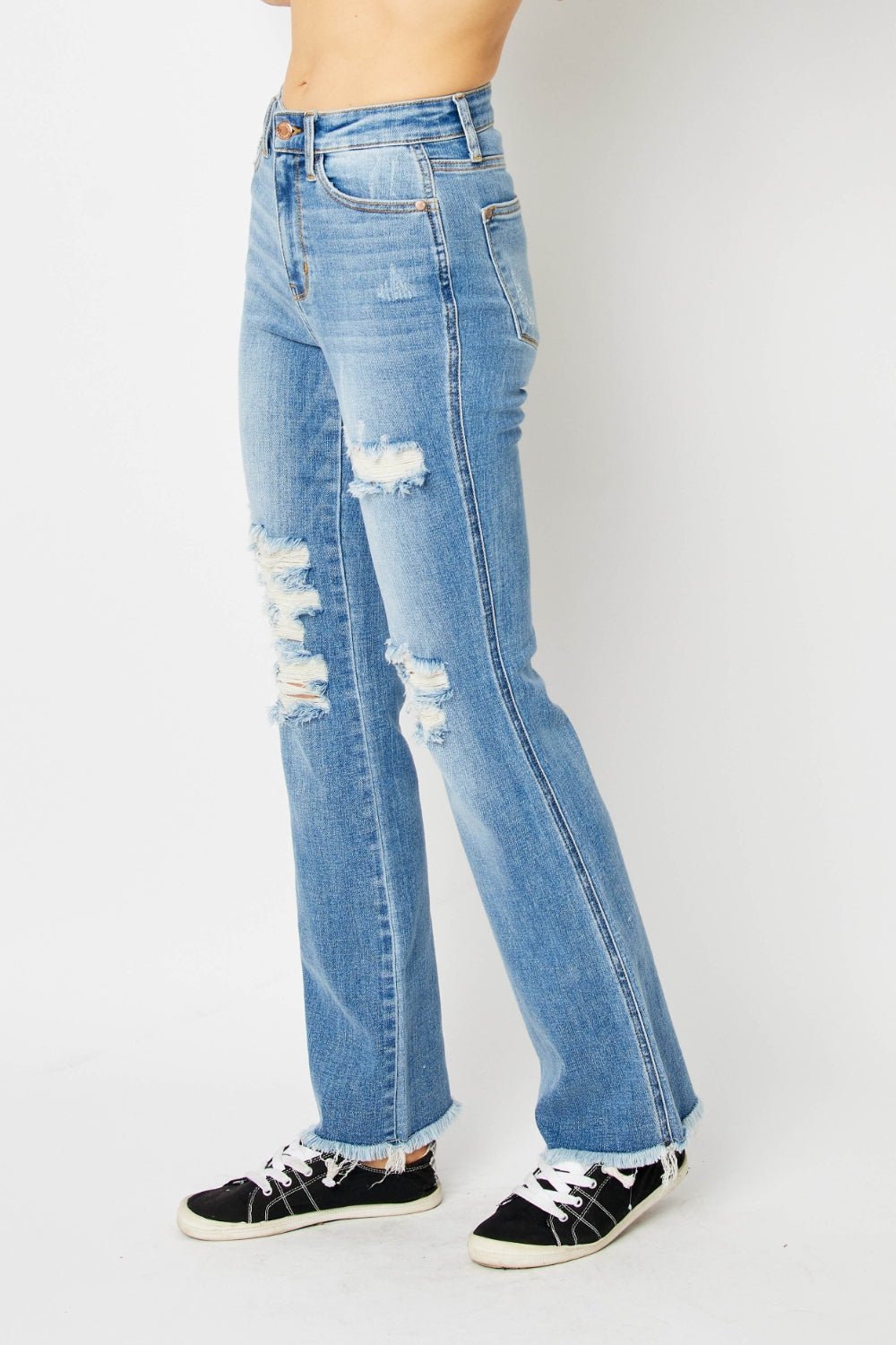 Retro 90s Distressed Bootcut Jeans Torn Hem Mid-Rise Denim Pants Judy Blue