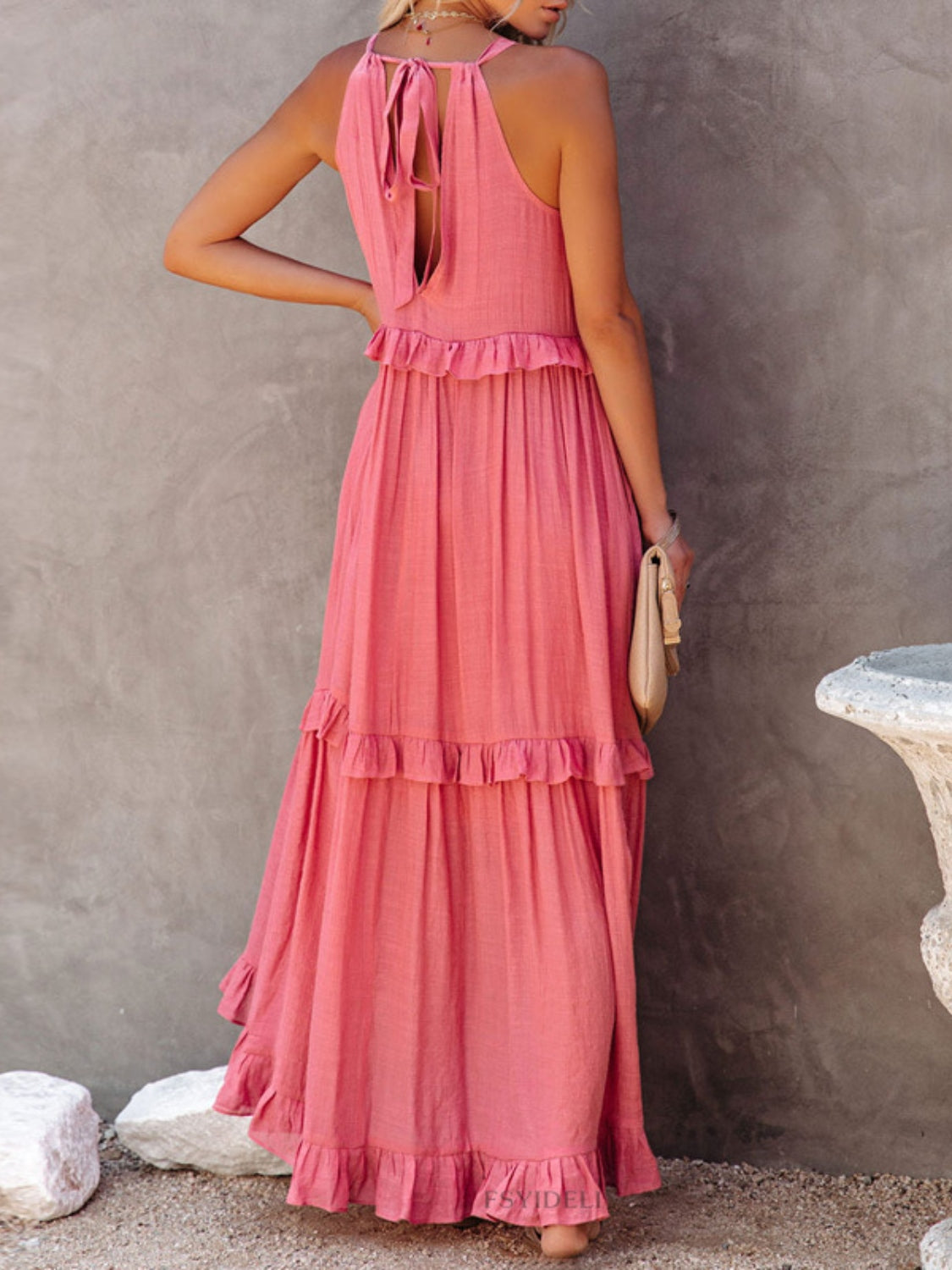 Ruffle Sleeveless Grecian Tie Back Tiered Summer Side Pocket Oversized High-Low Maxi Dress