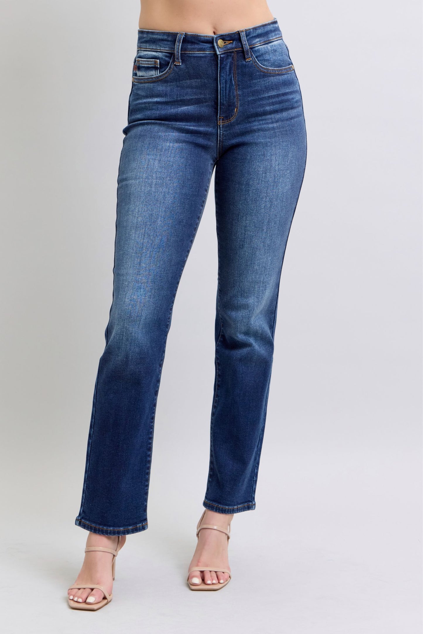 Judy Blue Thermal High-Rise Straight Leg Slim Fit Embroidered Jeans Washed Denim Pants