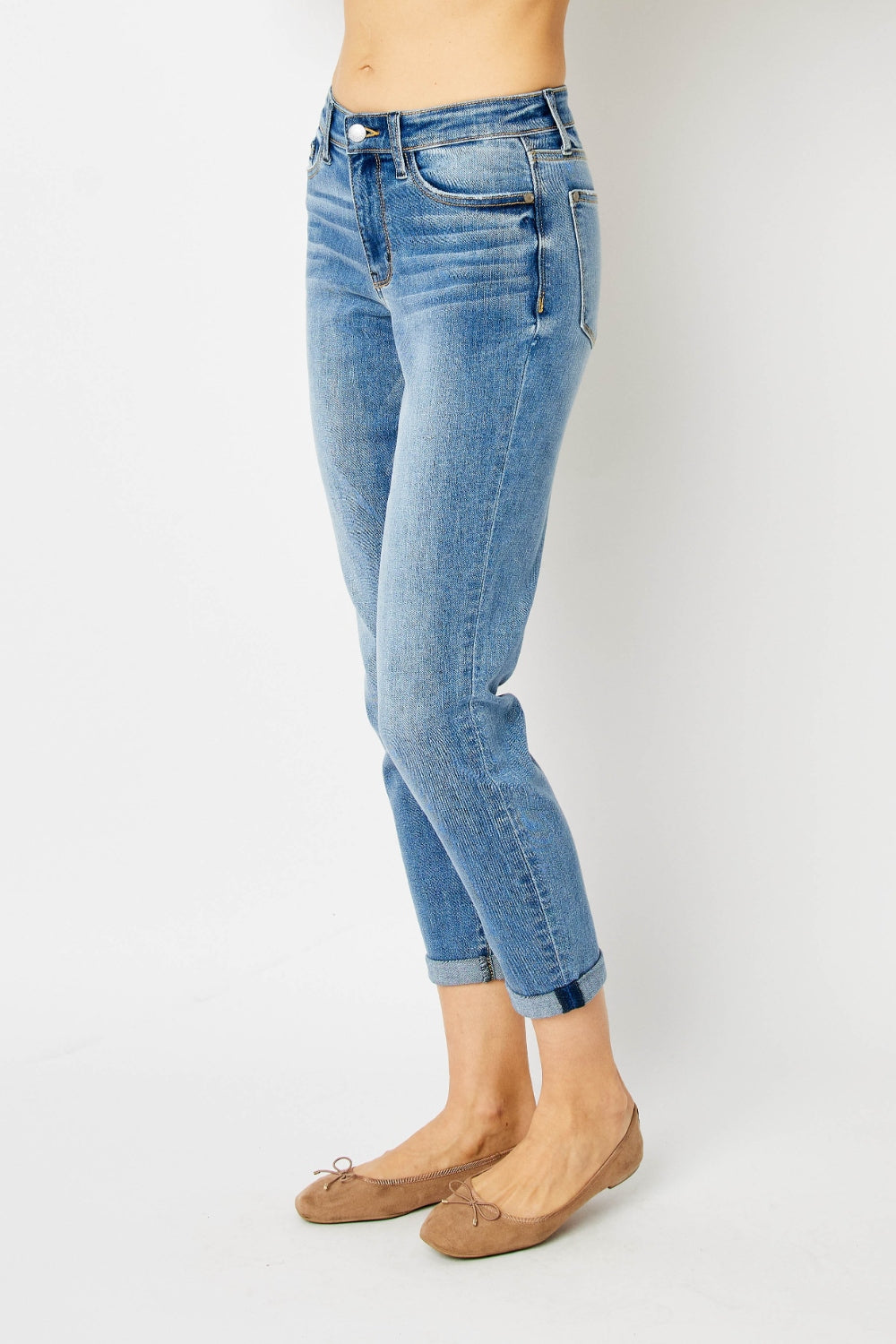 Slim Leg Mid-Rise Stretch Denim Pants Cropped Cuff Hem Mom Jeans Judy Blue