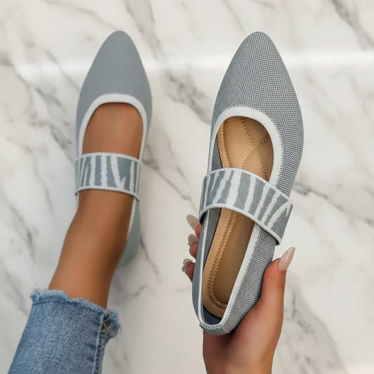 Contrasting Knit Pointed Toe Mary Jane Wide Strap Ballet Flats Slip-On Geometric Shoes