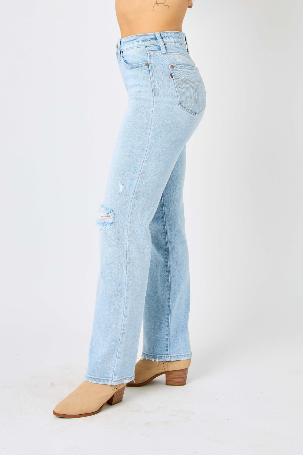 Judy Blue High-Rise Waist Distressed Torn Denim Ripped Straight Leg Jean Pants