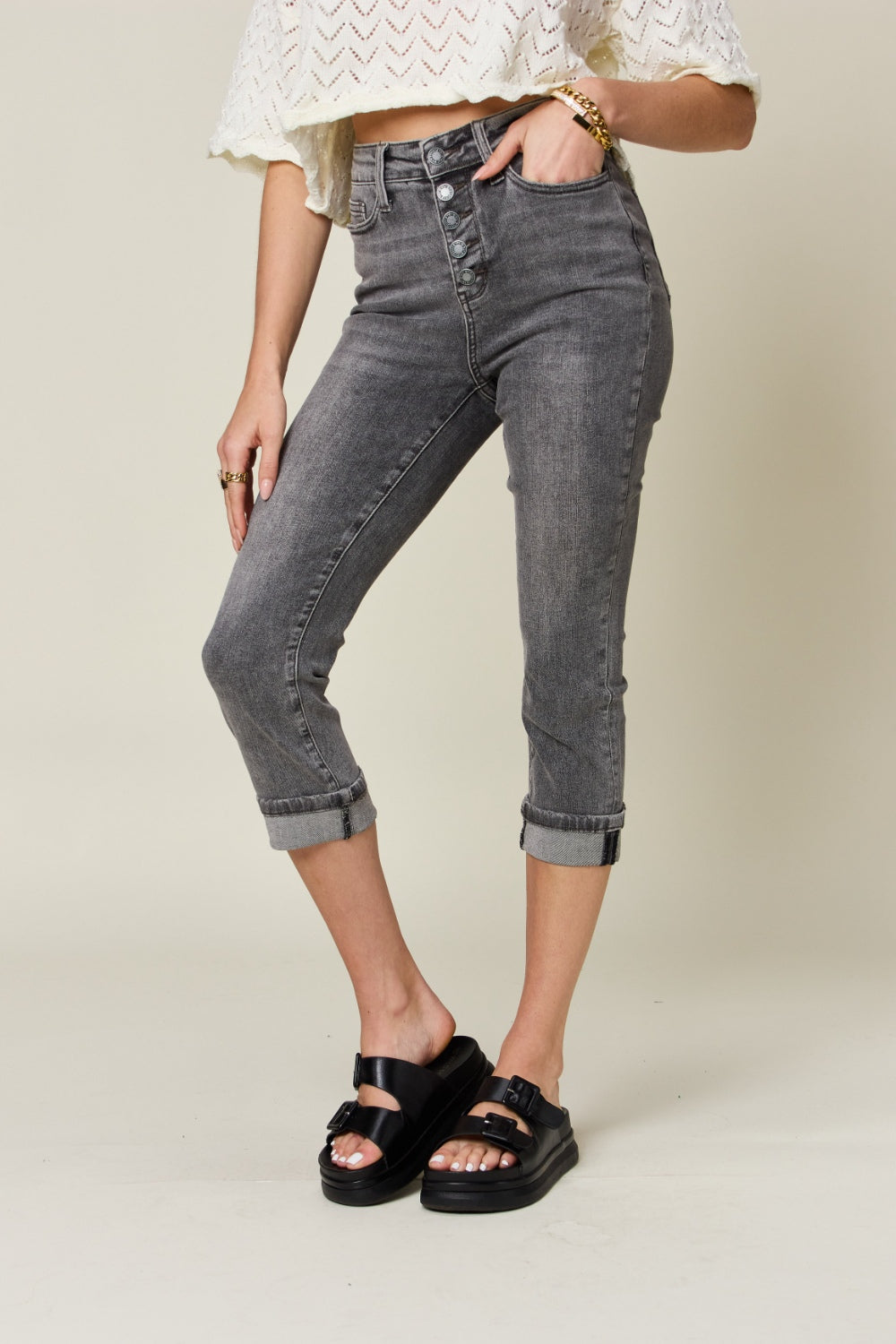 Tummy Control High-Rise Waist Denim Skinny Cuffed Capri Pants Judy Blue Jeans