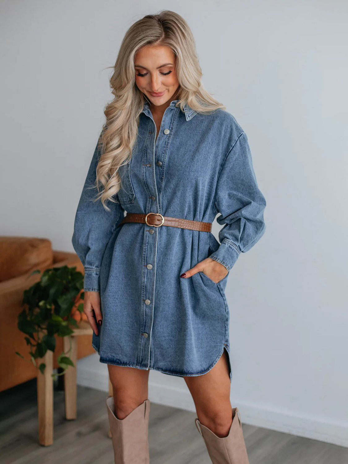 Oversized Denim Boyfriend Pocket Jean Collar Shirt Dress Long