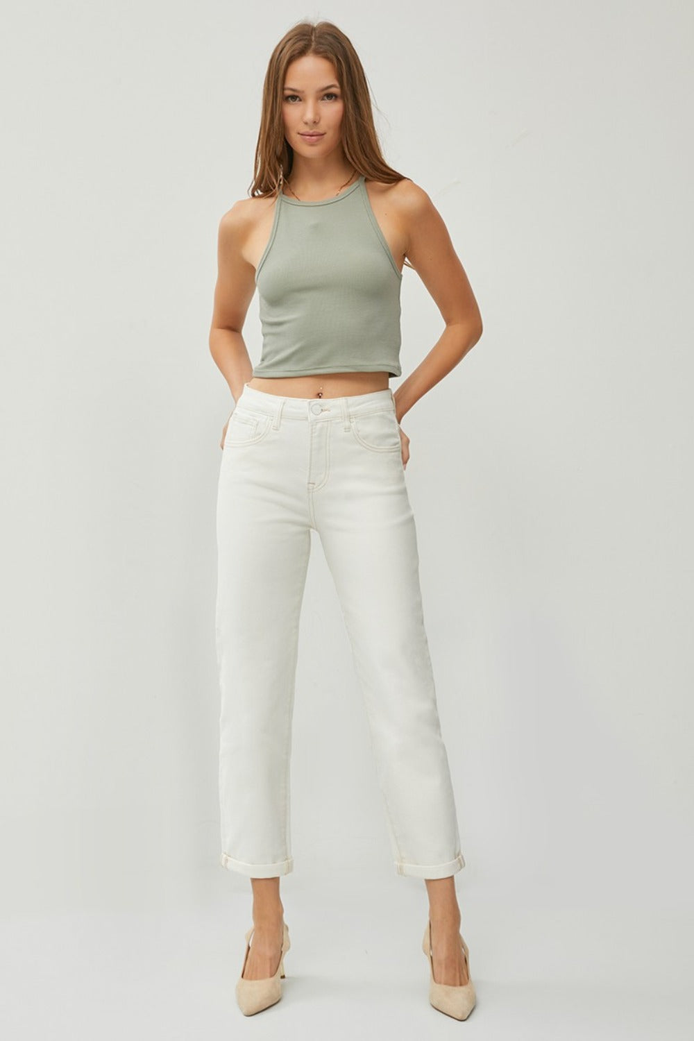 RISEN High-Rise Waist Boyfriend Jeans Straight Leg Rolled Cropped Cuffed Denim Pants