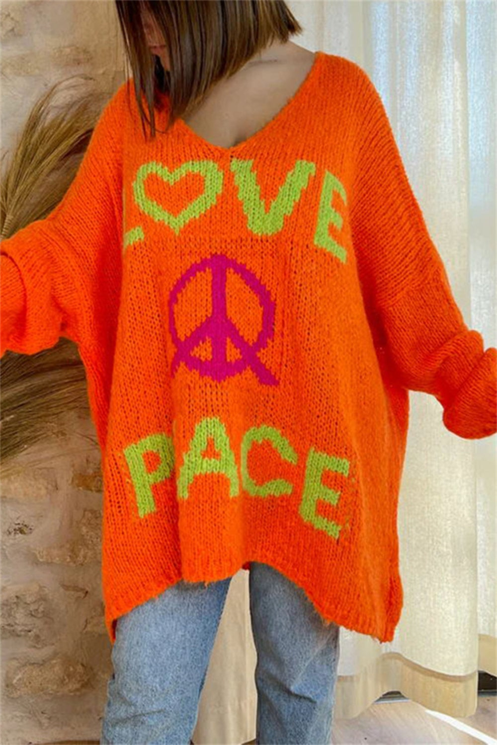 LOVE PEACE Oversized Colorful Knit Top Long-Sleeve Pullover Baggy Sweater Shirt