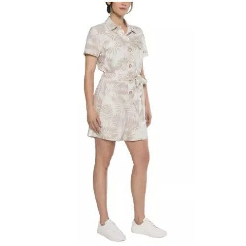 Matty M Women's Linen Blend Button Front Shorts Romper Tropical Palm One-piece