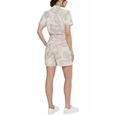 Matty M Women's Linen Blend Button Front Shorts Romper Tropical Palm One-piece