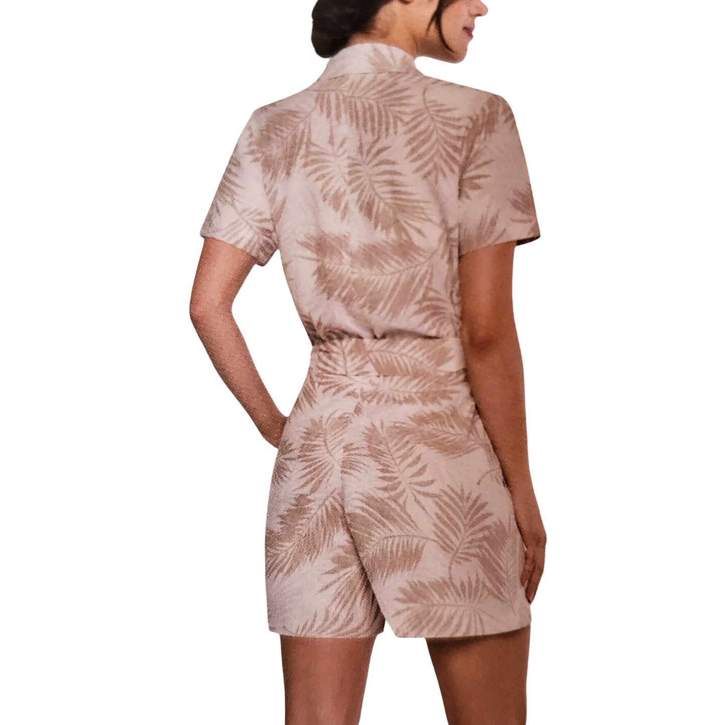 Matty M Women's Linen Blend Button Front Shorts Romper Tropical Palm One-piece