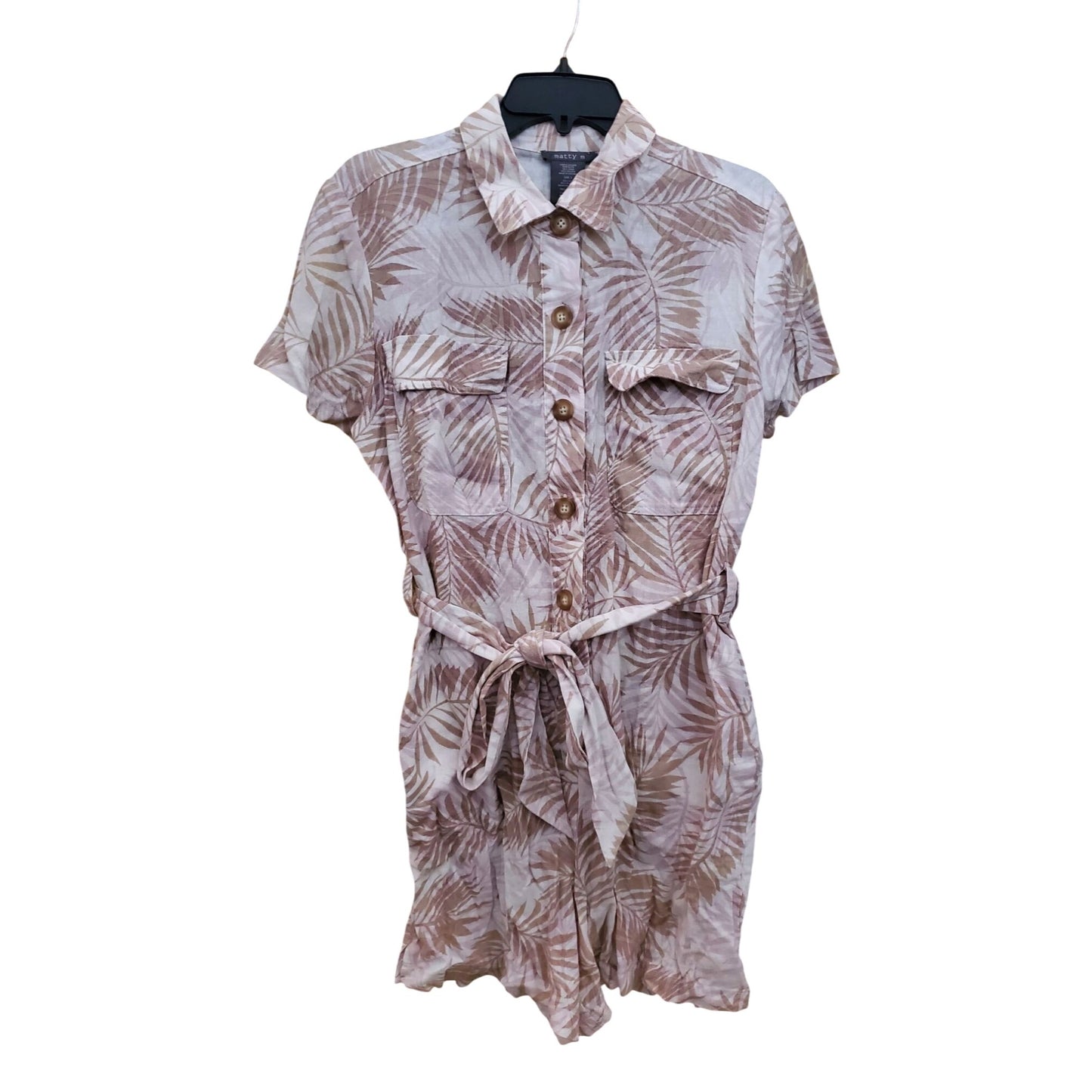 Matty M Women's Linen Blend Button Front Shorts Romper Tropical Palm One-piece