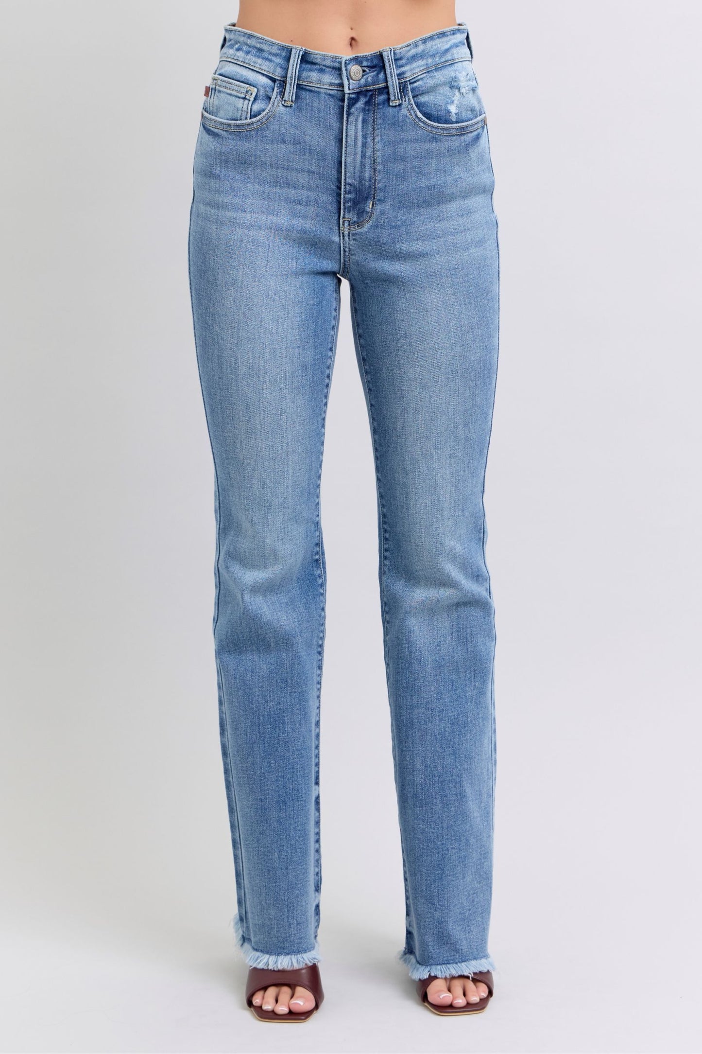 Judy Blue High-Rise Waist Bootcut Jeans Distressed Raw Hem Boyfriend Denim Pants