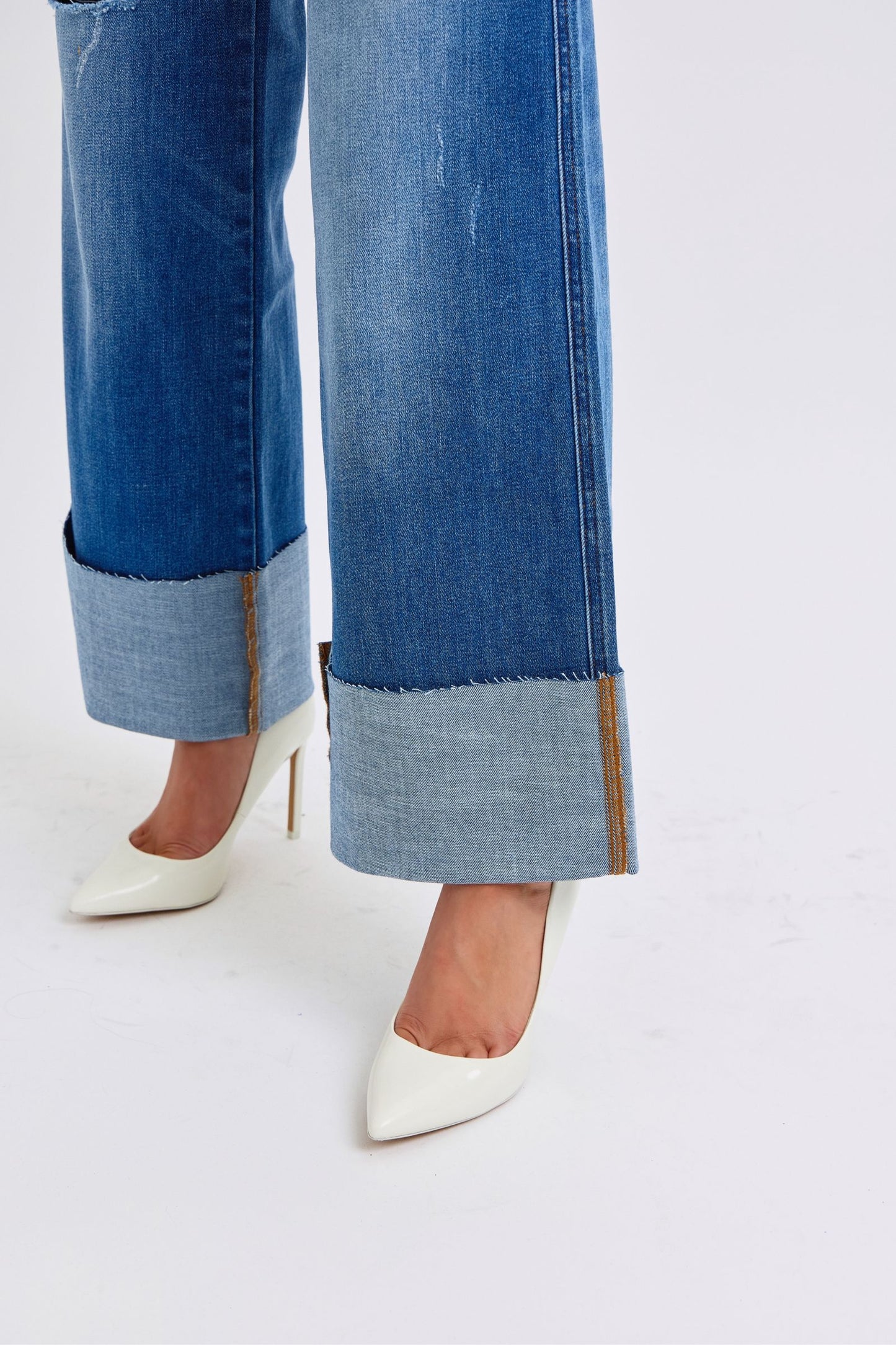 Judy Blue High-Rise Boyfriend Jeans Ultra Wide Leg Cuff Raw Hem Denim Pants