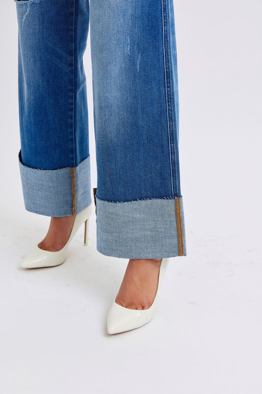 Judy Blue High-Rise Boyfriend Jeans Ultra Wide Leg Cuff Raw Hem Denim Pants