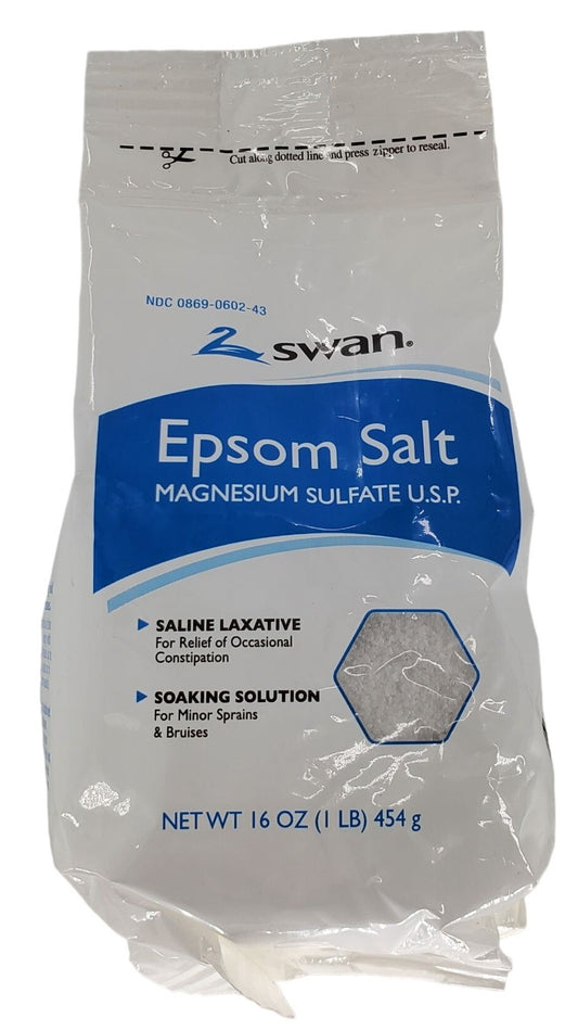 Swan Epsom Salt Magnesium sulfate salts 1lb Resealable bag Foot Soaks, Laxative, Bath Soak