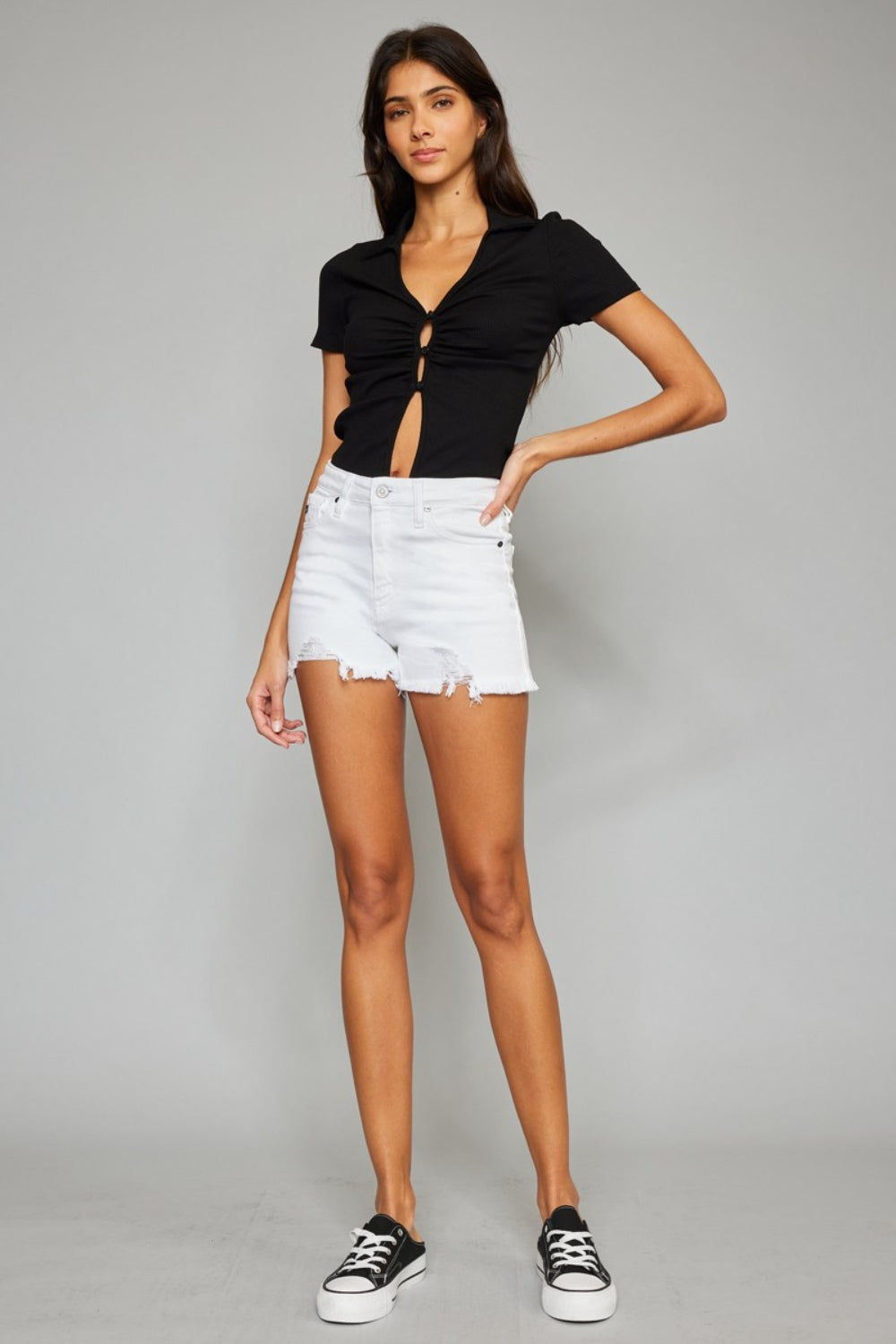 High Rise Waist Distressed White Denim Cut-off Frayed Hem Jean Shorts KanCan