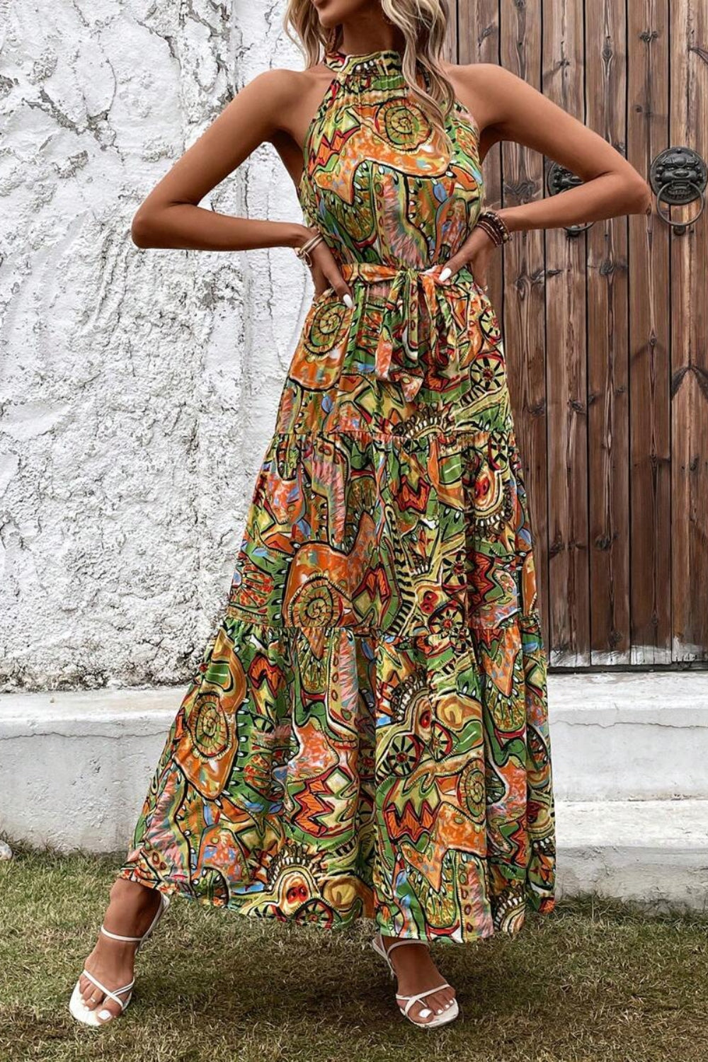 Grecian High-Neck Tie Belt Sleeveless Bold Colorful Tiered Maxi Summer Dress