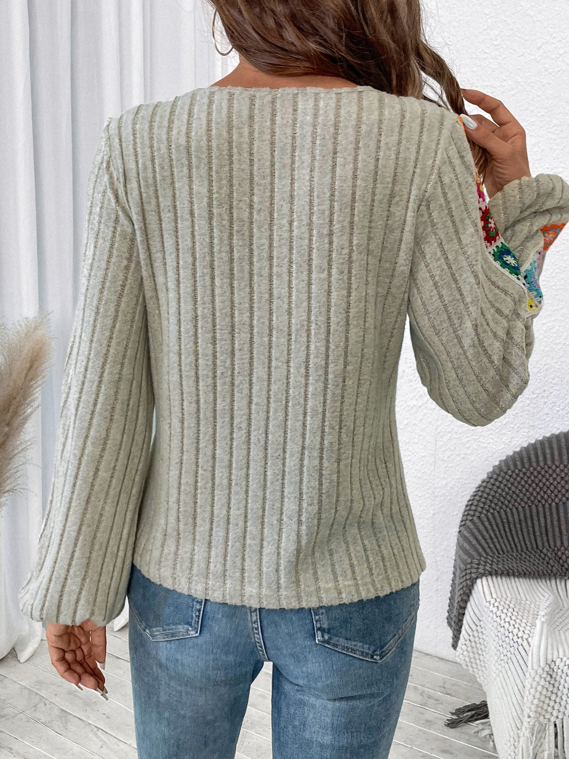Colorful Embroidered Blouse Bohemian Long Sleeve Ribbed Shirt Round Neck Retro Hippie Top