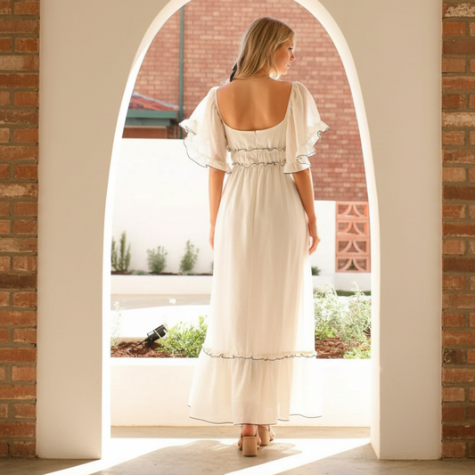 Flutter Short Sleeve Ruffled Empire Waist Square Neck Contrast Trim Tiered Maxi Dress