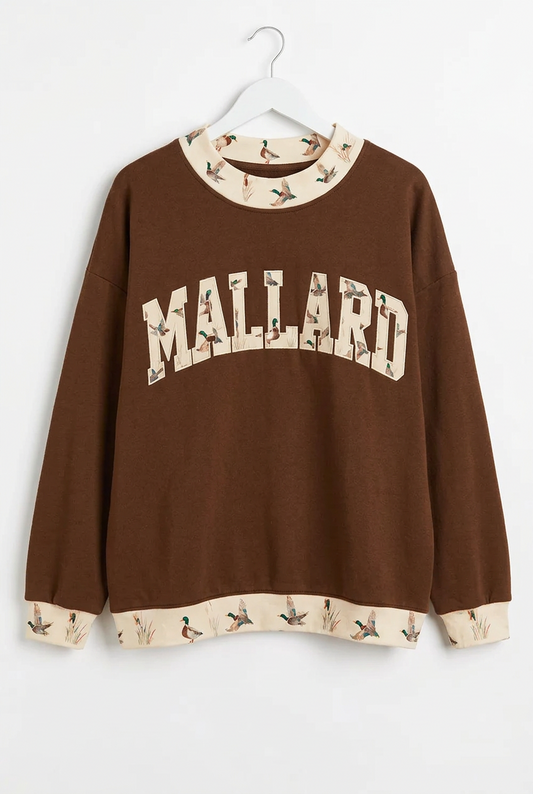 Mallard Duck Oversized Sweatshirt Mock Neck Southern Western Hunting Pullover Cotton Blend Top