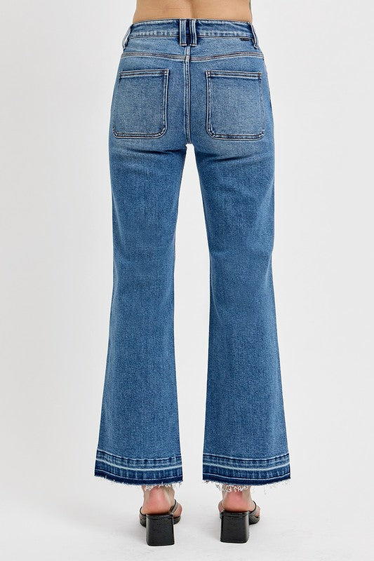 RISEN High-Rise Bootcut Ankle Cut Mom Jeans Relaesed Raw Hem Denim Pants