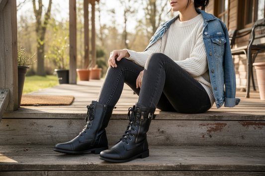 Lace-Up Buckle Military Combat Boots Buffed Faux Leather Zipper Shoes