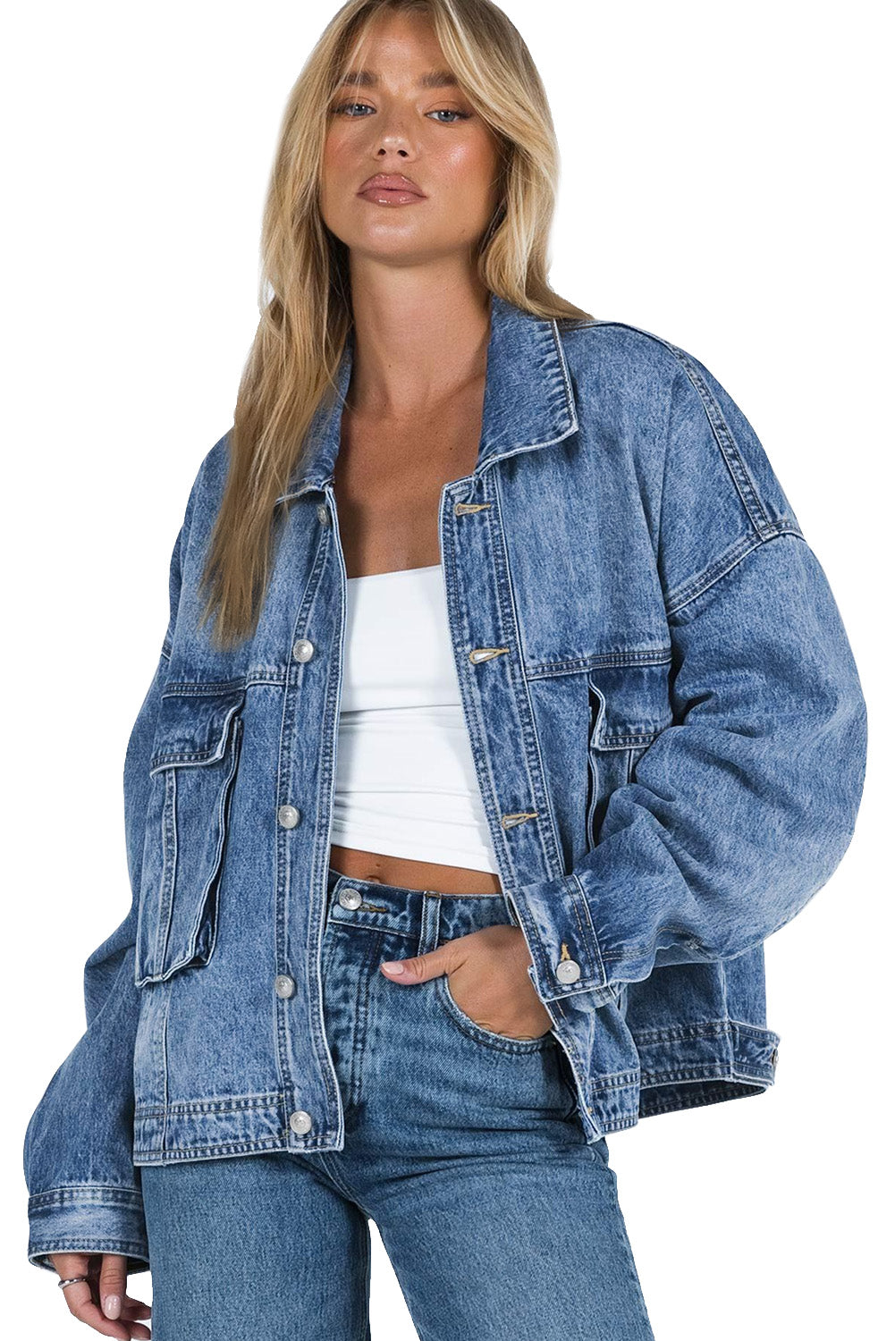 Oversized Denim Jacket Button-Up Collared Retro 90s Boyfriend Heavy Blue Jean