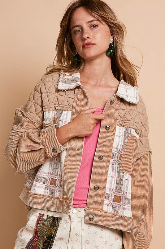 POL Corduroy Plaid Quilted Patchwork Retro Boho Raw Seam Button-Up Jacket