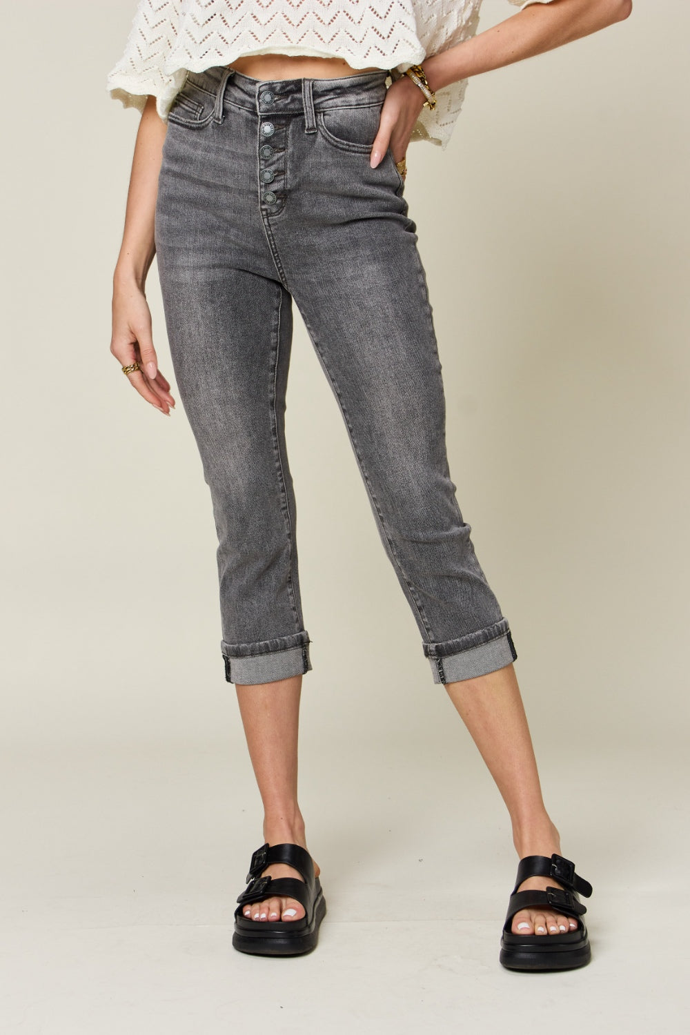 Tummy Control High-Rise Waist Denim Skinny Cuffed Capri Pants Judy Blue Jeans