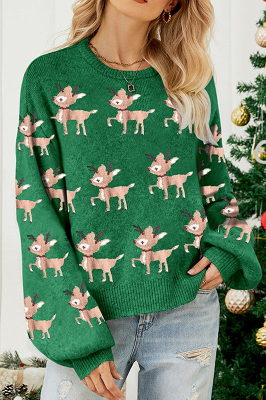 Holiday Reindeer Knit Shirt Round Neck Long Sleeve Pullover Top Christmas Sweater