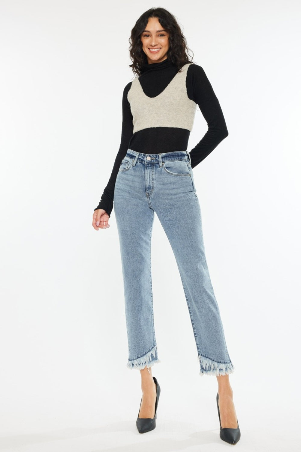 KanCan High-Rise Straight Leg Frayed Fringe Double Raw Hem Jeans Denim Pants