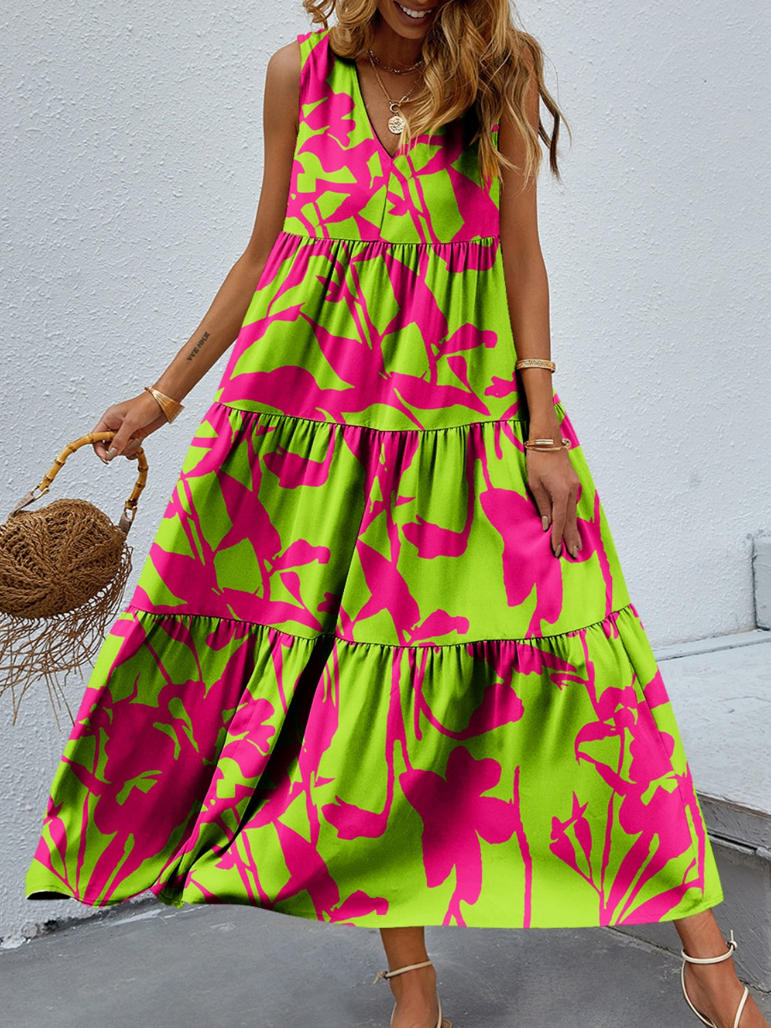 Bold Colorful Retro Floral Sleeveless Tiered V-Neck Oversized Summer Maxi Dress