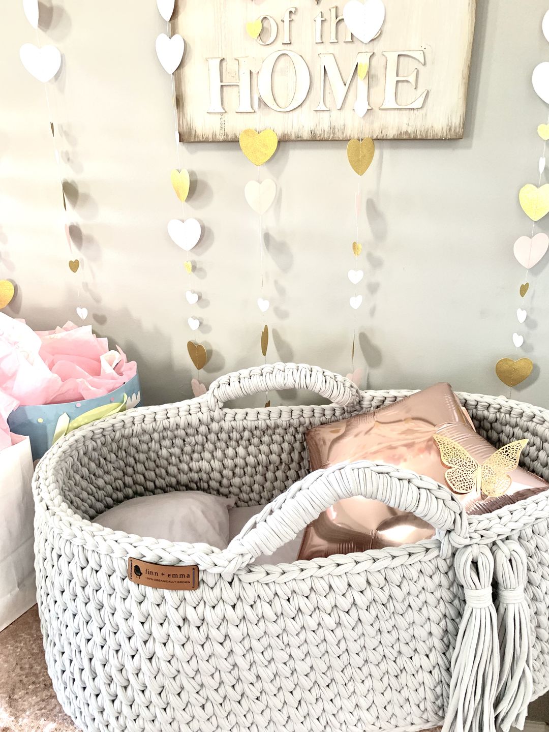 Finn + Emma Carry Cot Moses Baby Carrier Basket Handmade Organic Cotton Crochet Knit Bassinet