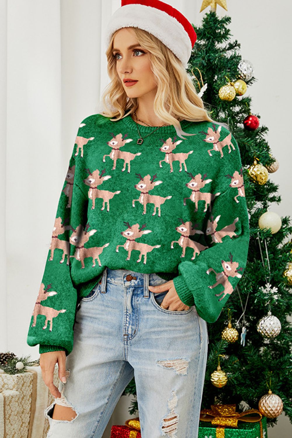 Holiday Reindeer Knit Shirt Round Neck Long Sleeve Pullover Top Christmas Sweater
