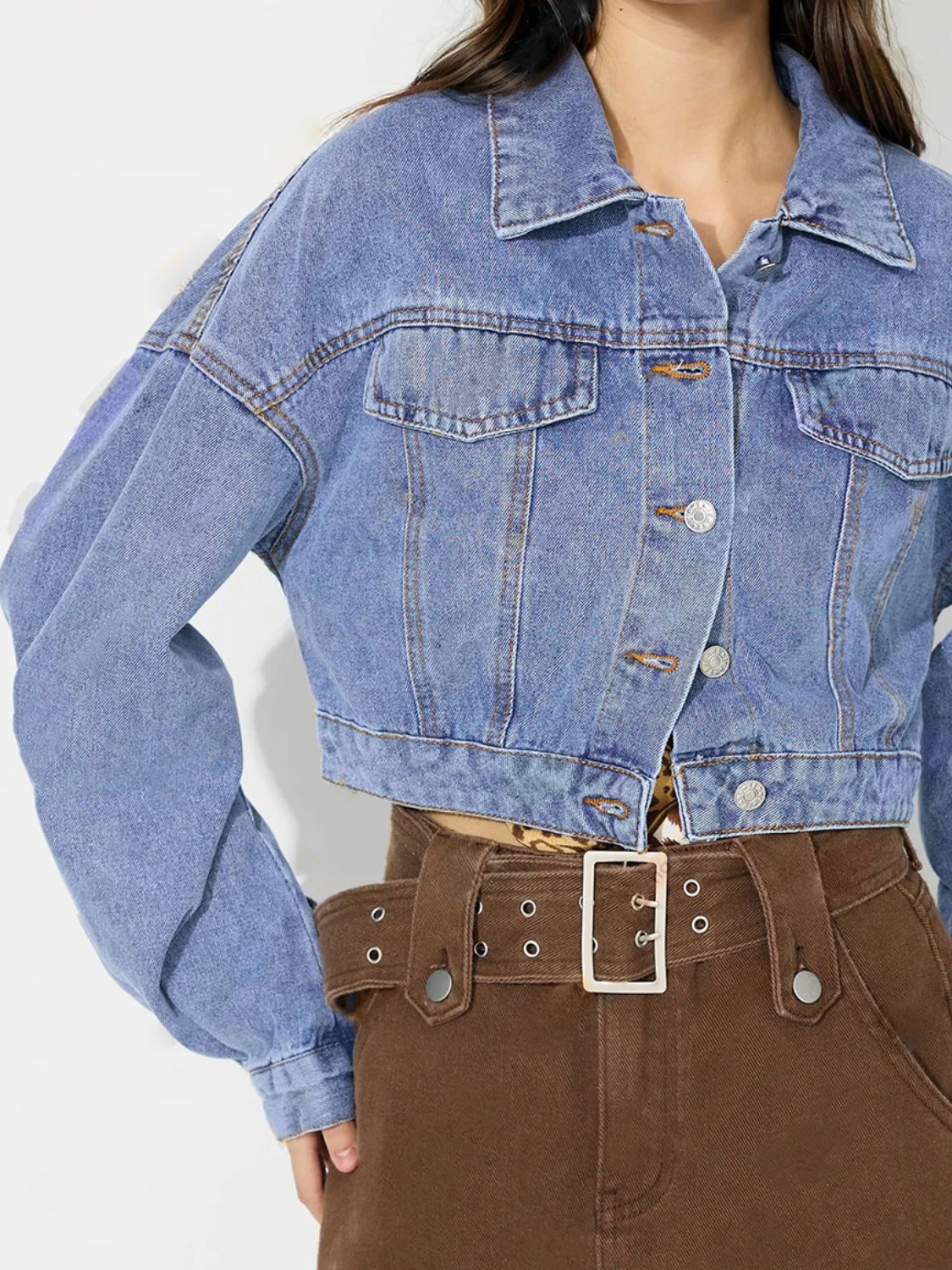 Classic Cropped 90s Retro Button Front Denim Collar Long Sleeve Blue Jean Jacket