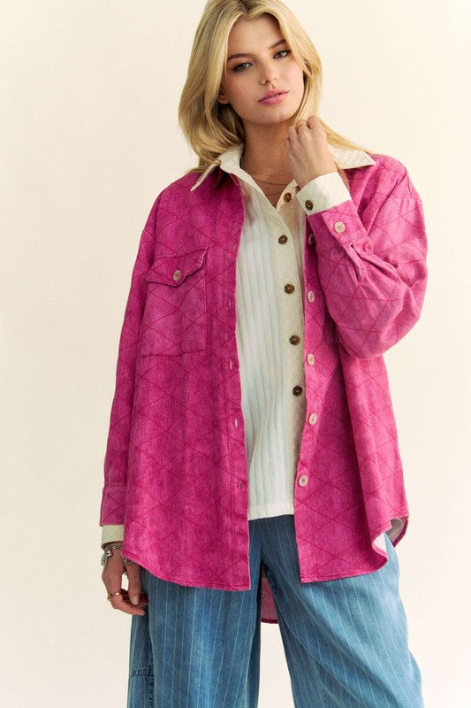 Davi & Dani Denim Shacket Diamond Quilt Stitching High Low Oversized Jean Shirt Jacket