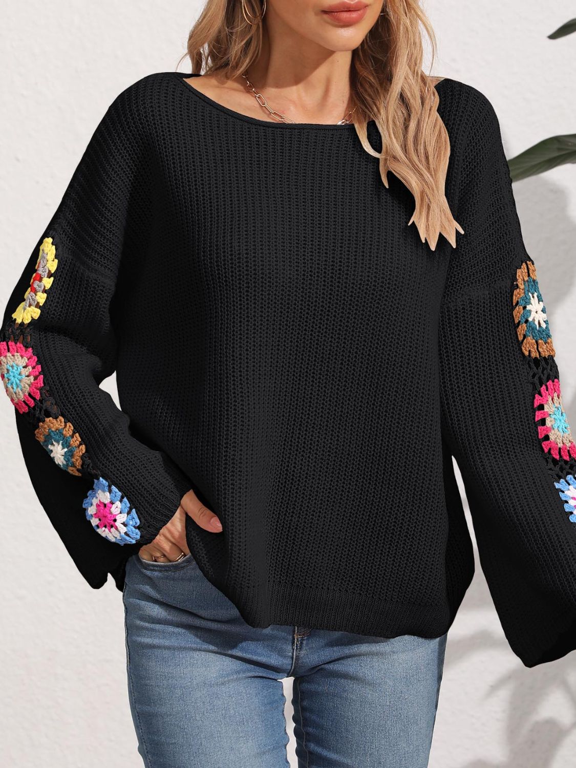 Colorful Crochet Flower Bohemian Long Sleeve Waffle Knit Shirt Oversized Retro Top