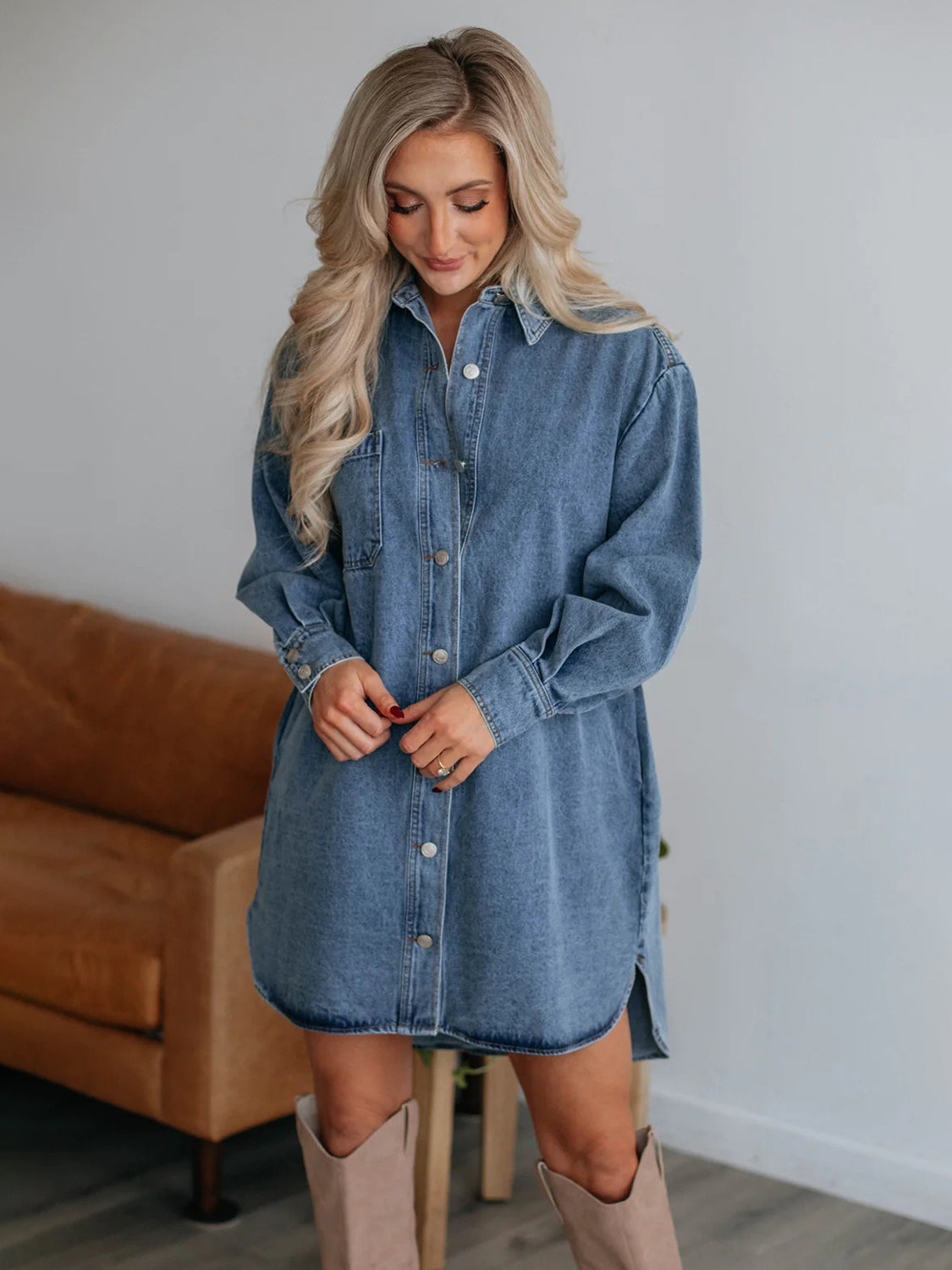 Oversized Denim Boyfriend Pocket Jean Collar Shirt Dress Long Sleeve Button High-Low