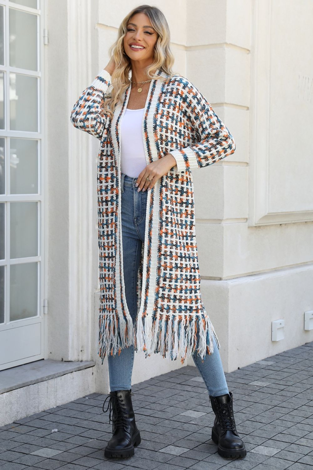Retro Knit Bold Colorful Open Front Fringe Hem Longline Duster Sweater Cardigan
