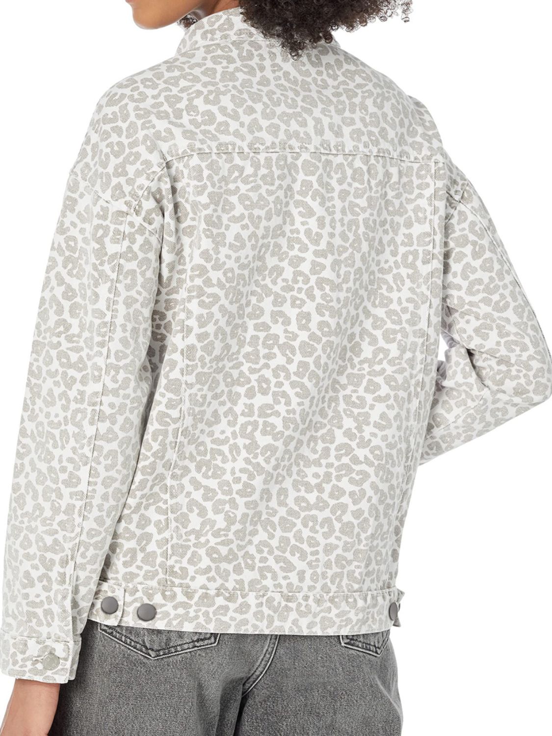 Snow Leopard Print Denim Jean Jacket Button Front Classic Collar Mobwife Animal Glam