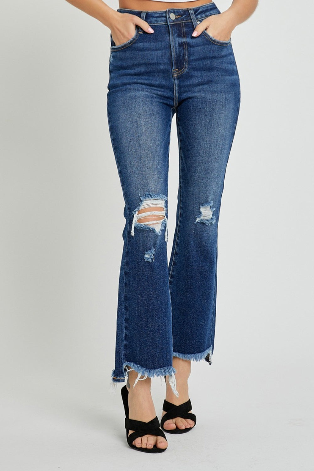 RISEN Slim High-Rise Waist Jeans Distressed Torn Cut-Off Cropped Denim Pants