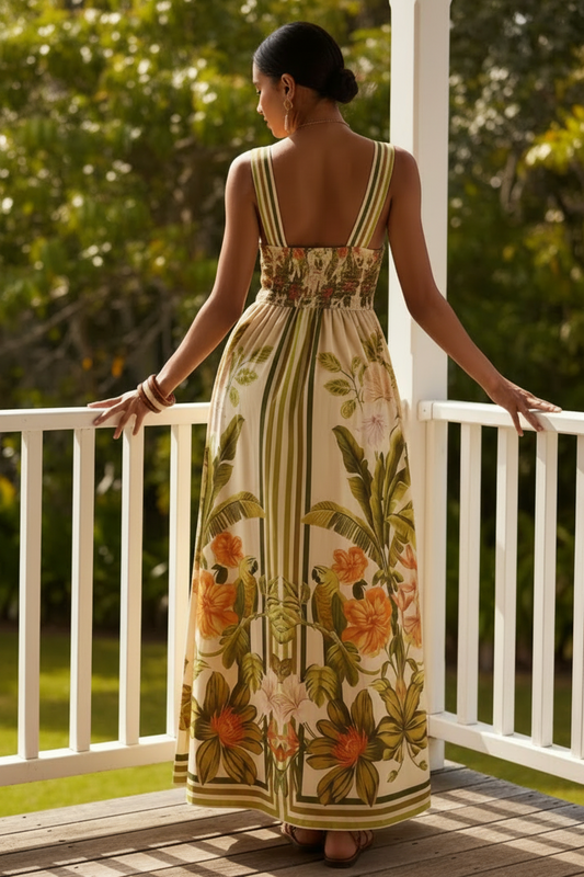 Tropical Parrot Plunge V-Neck Maxi Dress Smocked Back Wide Strap Resort Maxi Dress